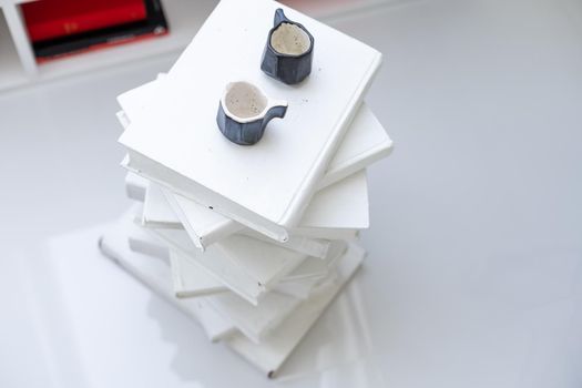 stack of books and the stand of books on white background.