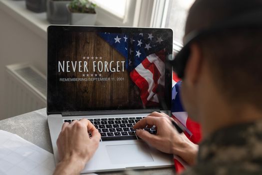 Writing note showing Veterans Day. Business photo showcasing a public holiday to honour US veterans and victims of all wars woman with laptop smartphone and office supplies technology