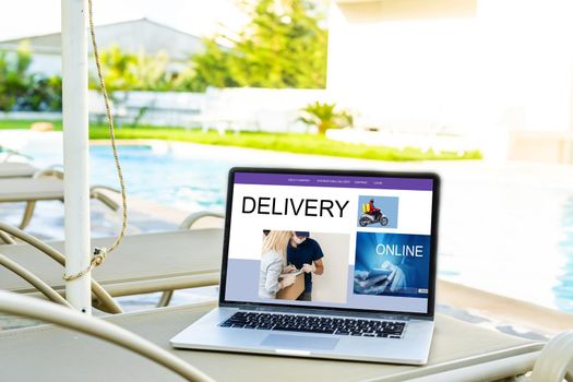 Online ecommerce store, dropshipping business website concept. laptop computer, shipping boxes, retail marketplace, warehouse delivery background, banner