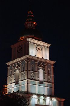 Kiev, Ukraine. 1, 2018 The top of the church of St. Andrew's bell tower at night is illuminated by lanterns