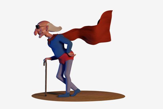 Old superhero. A funny cartoon character. 3D illustration, CGI. Isolated on white