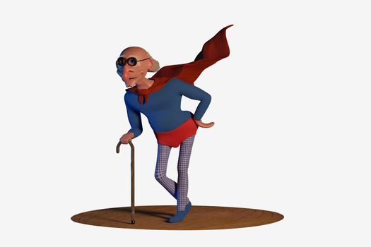 Old superhero. A funny cartoon character. 3D illustration, CGI. Isolated on white