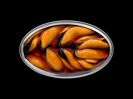 Overhead view of a tin can with mussels inside on a black background so that it can be silhouetted and the background can be changed.