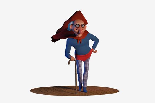 Old superhero. A funny cartoon character. 3D illustration, CGI. Isolated on white