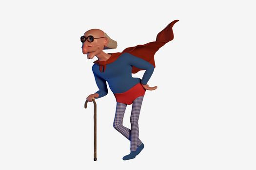 Old superhero. A funny cartoon character. 3D illustration, CGI. Isolated on white