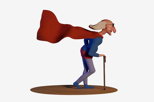 Old superhero. A funny cartoon character. 3D illustration, CGI. Isolated on white