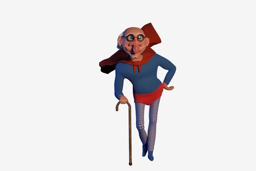 Old superhero. A funny cartoon character. 3D illustration, CGI. Isolated on white