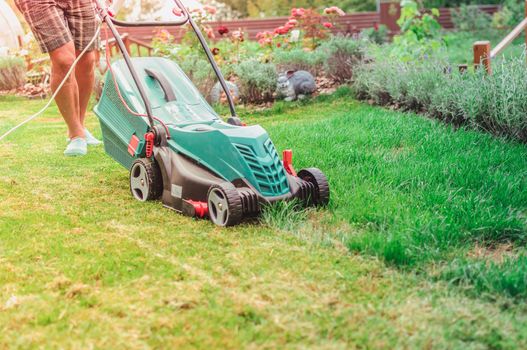 Natural background A man mows a lawn mower with a green lawn in his own garden near a flower garden in summer. Side view, horizontal. The concept of design, nature and landscaping.