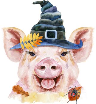 Cute piggy in witch hat. Pig for T-shirt graphics.