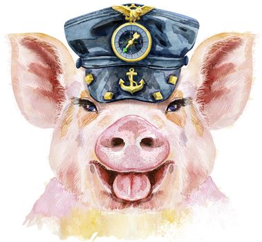 Cute piggy in black leather cap. Pig for T-shirt graphics.