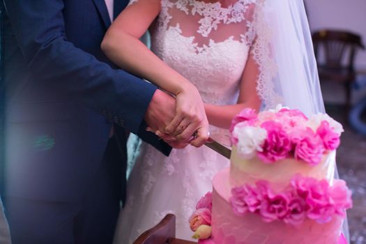 The bride and groom cut the wedding cake