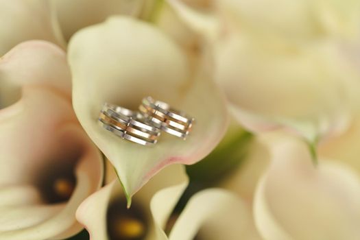 Wedding gold rings with a bouquet of calla lilies.