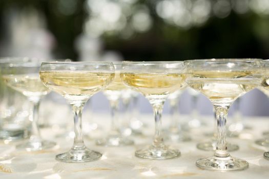 Glasses of alcohol close- up before a party in a cafe