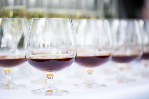 Glasses of alcohol close- up before a party in a cafe