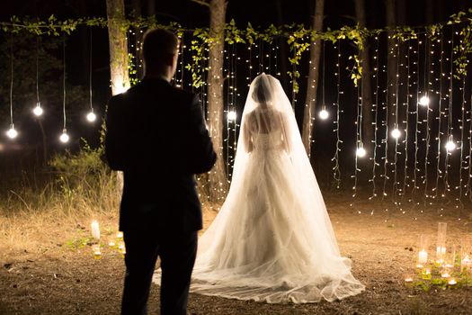 Wedding ceremony night. Meeting of the newlyweds, the bride and groom in the coniferous pine forest of candles and light bulbs.