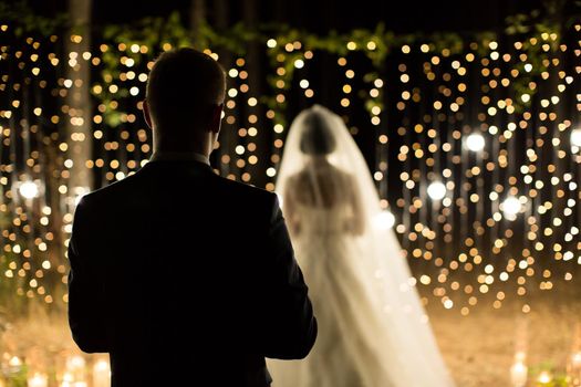 Wedding ceremony night. Meeting of the newlyweds, the bride and groom in the coniferous pine forest of candles and light bulbs.