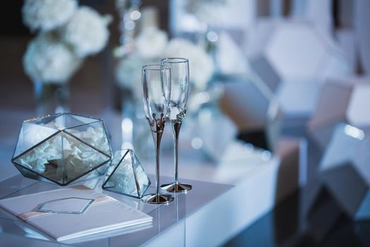 Wedding glasses at the registration Desk on-site ceremony.