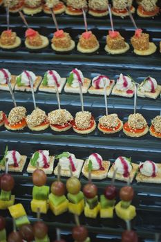 Canapes of cheese vegetables meat and seafood. buffet table