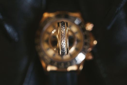 Two gold wedding rings close-up. Macro shooting.