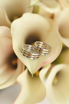 Wedding gold rings with a bouquet of calla lilies.