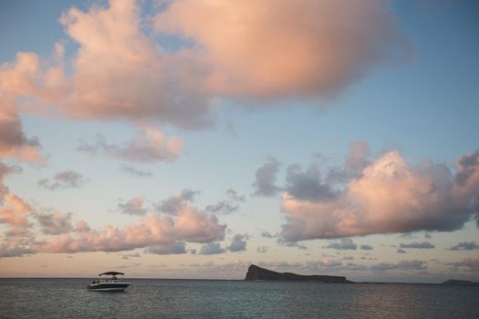 lot of boats at sunset. Mauritius island