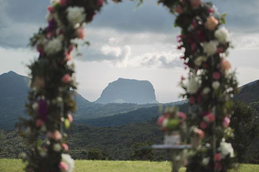 Wedding ceremony in the mountains. Mauritius island.