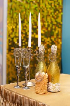 Bride and groom champagne glasses at a wedding reception.