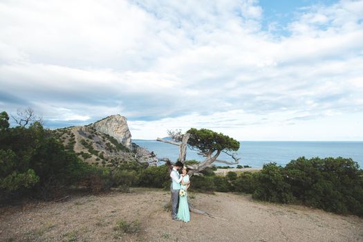 The bride and groom on nature in the mountains near the water. Suit and dress color Tiffany. Kissing near a tree.