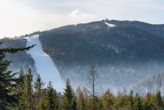 View of ski slope on Jaworzyna Krynicka mountain near Krynica Zdroj, Poland