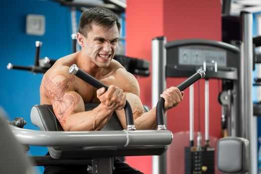 Exercise For Biceps. Young Bodybuilder Doing Heavy Weight Exercise For Biceps