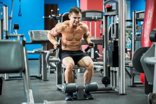 Athletic strong bodybuilder execute exercise in sport gym hall on the uneven bars