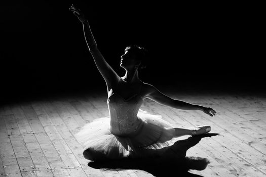 A young beautiful ballerina poses on the stage of the theater
