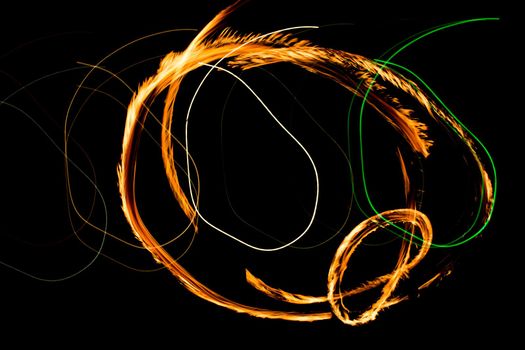 Fire Show Fiery Motion. Night Performance Abstract Drawing