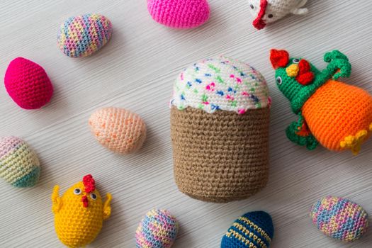 Knitted Easter eggs, chicken, rooster and Easter