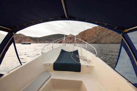 View from the boat of the mountains and the sea