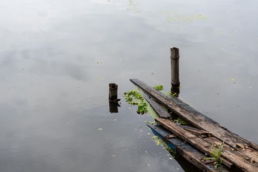 Swamps and dangerous wooden bridge in the nature forest environment