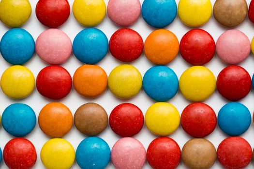 Close up of a pile of colorful chocolate coated candy, chocolate pattern, chocolate background