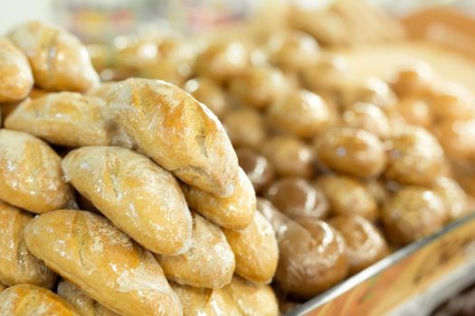 fresh baked loaves of bread close up