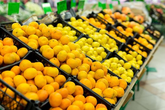 Fresh citrus are on the shelf in the store. a variety of citrus fruits. oranges, tangerines, lime, lemons. supermarket