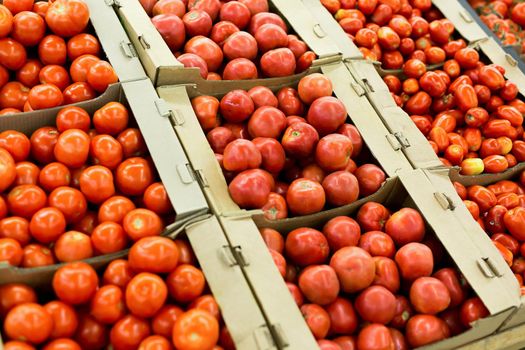 Fresh red tomatoes in boxes in the supermarket