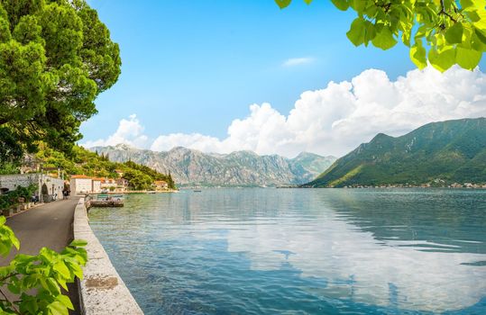 View Lovcen mountain from Bay of Kotor and Perast town. 