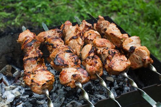 Beef and pork barbecue, steak on the grill. Kebab on a skewer. Nature.