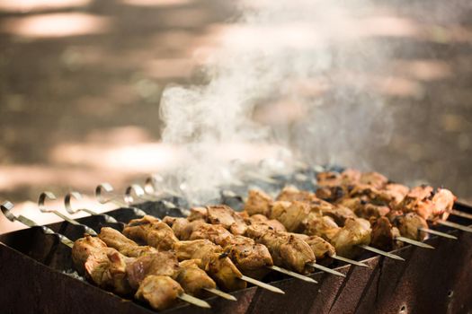 Marinated shashlik preparing on a barbecue grill over charcoal. Shashlik or Shish kebab popular in Eastern Europe. Shashlyk skewered meat was originally made of lamb. Roast Beef Kebabs On BBQ Grill