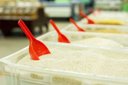 Rice and other cereals on the counter in the supermarket. buying groats in the store