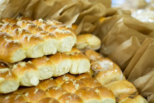 Pampushka. Traditional ukrainian buns with garlic. Bread background