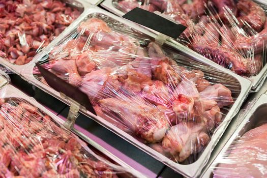 Meat. Hearts, liver crests displayed at the supermarket