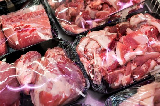 Raw fresh meat, beef or pork in supermarket