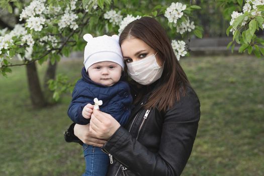 Portrait of a woman and her son in a protective mask against the crown virus or an outbreak of the covid-19 and pm 2.5 virus in the city