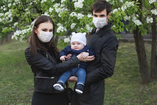 Family wearing protective medical mask for prevent virus Covid-19