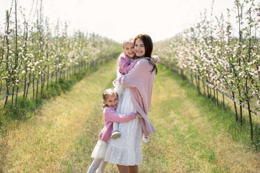 Young mother and her twin daughters walk through an Apple orchard in the spring during the flowering period and hug.